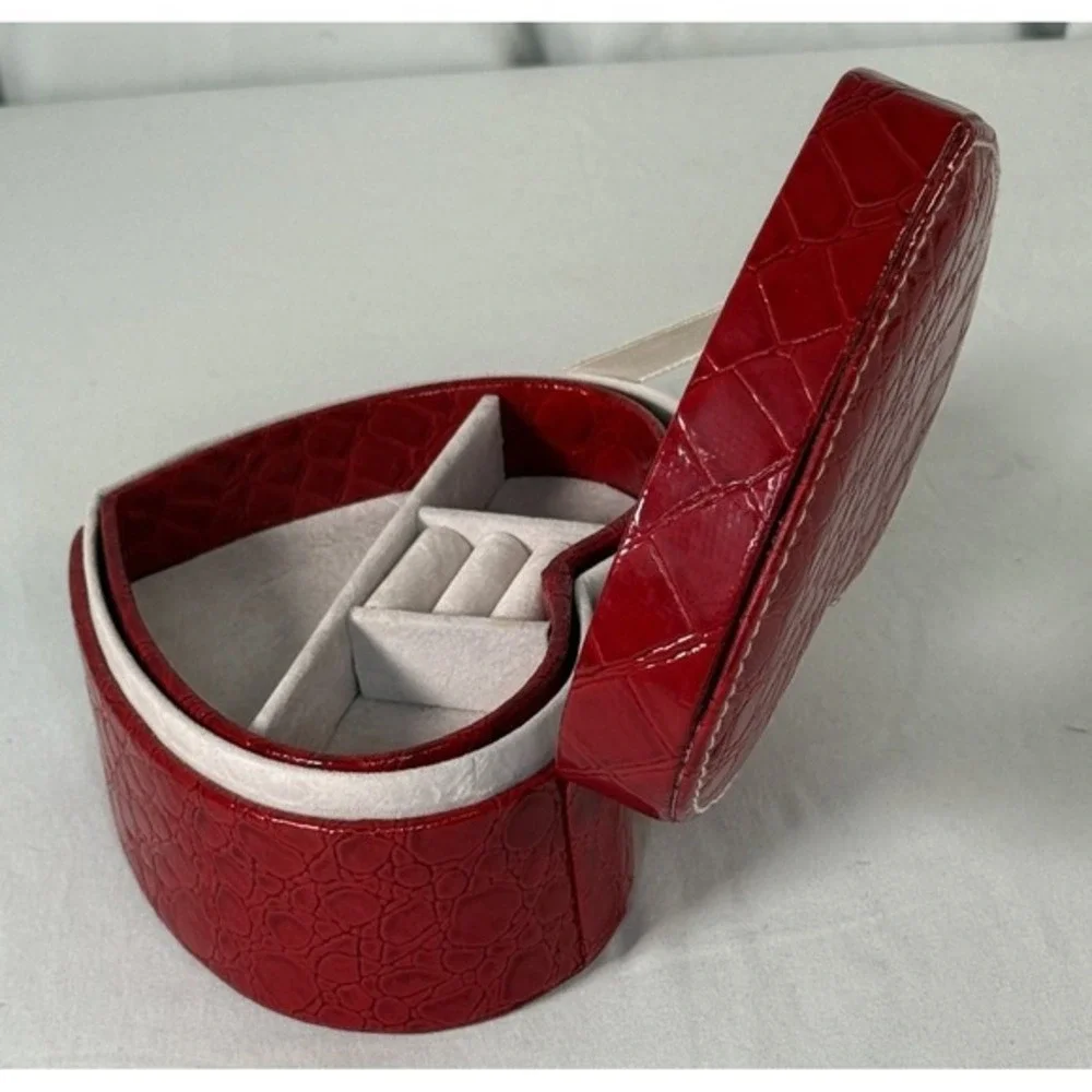 Red Faux Croc Heart Jewelry Box Travel Case Mirror Removable Tray Divided‎ 86-00